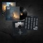 Texte: Tulus - Fandens Kall. Schwarze Vinyl-Schallplatte mit Cover, ein düsteres Bild von einem Fötus in einem Glas., LP