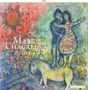 "Marc Chagall 2026"; Eine bunte, abstrakte Illustration mit einem Paar vor rotem und grünem Hintergrund., Kalender
