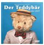 "Der Teddybär Kalender 2027". Ein Plüschbär im Anzug mit Fliege und Strohhut vor einem blauen Hintergrund., Kalender