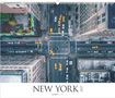 „NEW YORK 2027“ steht unten. Eine Luftaufnahme zeigt eine belebte Straßenkreuzung mit gelben Taxis., Kalender