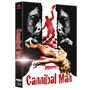 Text: "Cannibal Man". Illustration mit roter Figur, Kochmesser, schwarz-weißen Gesichtern, liegende Frau in Bikini.