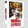 "Horror Express" in blutroter Schrift. Mehrere gemalte Gesichter und Figuren, darunter ein Zug und ein Mann in einem Mantel.