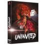Der Text "UNINVITED" erscheint in weißer, zackiger Schrift. Eine Illustration zeigt eine aggressive Katze, blutüberströmte Figur und ein Schiff., 1 Ultra HD Blu-ray und 1 Blu-ray Disc