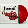Text "Kissin Dynamite", "SEITE A". Illustration: Rote Lippen halten brennendes Dynamit. Rote Vinyl-Schallplatte., LP