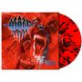 Texte: "WOLF", "HOUR OF THE WOLF". Illustration eines aggressiv aussehenden Wolfes, rot-schwarze, gesprenkelte Vinylplatte., LP