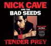 NICK CAVE AND THE BAD SEEDS. TENDER PREY. Ein Mann sitzt nachdenklich, schwarz-rotes Farbschema. Albumcover.