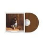 „lanie gardner“, „faded polaroids“, Frau sitzt auf Holzboden, umgeben von Polaroid-Fotos, mit brauner Doppel-Vinylplatte., 2 LPs