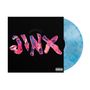 Bunte "JINX"-Buchstaben im Glas-Stil auf schwarzem Hintergrund. Platten-Cover. Ein Teil einer blau-marmorierten Vinyl im Bild., LP