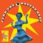 "Funk the Reggae Beat." Strahlender Stern im Hintergrund, tanzende Frau in Blau, gelber Hintergrund unten links mit Text.