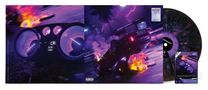 Links steht "Slow Down" auf einem Tacho. Rechts ist ein Auto in Flammen bei Nacht, umgeben von lila Licht., LP