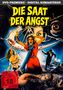 "Die Saat der Angst", FSK ab 18. Eine Frau in Panik. Spannung, Chaos, Polizist mit Waffe, zerrissenes Auge im Hintergrund., DVD