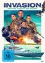 Oben steht "INVASION" und darunter "Zwischen Paradies und Inferno". Soldaten, ein Helikopter, ein explodierendes Schiff.