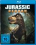 "JURASSIC REBORN" in großen Buchstaben; ein Dinosaurier im dichten Dschungel, Blu-ray-Hülle mit FSK 16 Siegel.