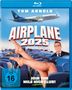 "Airplane 2025" und "Join the Mile High Club!" in Weiß. Flugzeug im Hintergrund, Beine in Flugzeugsitzen.