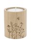 Zylinderförmiger Holzkerzenhalter mit Blumen- und Bienenillustrationen, die in das Holz graviert sind., Diverse
