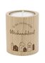 Text: "O DU FRÖHLICHE Weihnachtszeit". Holzkerzenhalter mit Häuser-Silhouetten am unteren Rand., Diverse