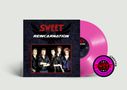 "Sweet Reincarnation" in roter und weißer Schrift, Bild der Band, rosa Vinyl und ein runder "Satisfaction Guaranteed" Aufkleber.