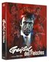 „Geißel des Fleisches“, Film von Eddy Saller. Illustration mit intensivem Gesicht und dramatischen Szenen in Rot., Blu-ray Disc
