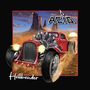 Text: "Kate's ACID" und "Hellbender". Illustration eines roten Hot Rods in Wüstenlandschaft bei Sonnenuntergang., LP