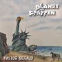 „Planet der Pfaffen“, „Pastor Gerald“. Illustration: Freiheitsstatue halb im Sand, Küstenlandschaft, Person und Pferd., CD