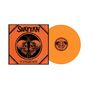 "SHAYTAN II INCARNATE" steht auf einem orangefarbenen Albumcover mit zwei sich gegenüberstehenden Schädeln. Daneben eine passende Vinyl-Schallplatte., LP