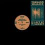 Text: "Tornado Wallace", "Left at Sunset". Eine Schallplatte und ein Cover mit blauem Hintergrund und grafischem Design.