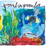 Text: "paula paula", "dreinige scharfe". Illustration: Bunte, expressive Szene mit Mensch, Natur und Vogel., LP