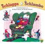 Oben steht "Schlapps & Schlumbo". Darunter "Geschichtenlieder von Reinhard Lakomy und Monika Ehrhardt". Illustration: Bunte, fantasievolle Figuren auf einem gemütlichen, grünen Sessel., CD