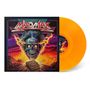 "Mad Max" oben, "Stories of Destiny" auf einem Buch. Illustration mit Totenkopf und Blitzen, Berge im Hintergrund. Orangefarbene Vinyl-Schallplatte., LP