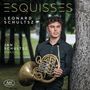 Text: ESQUISSES, LEONARD SCHULTSZ, JAN SCHULTSZ PIANO. Ein Mann lehnt an einem Baum mit einem Horn in den Händen., CD
