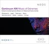 "Continuum XXI Music of Extremes" in lila, darunter Komponisten. Rechts ein farbig beleuchtetes Gesicht. Logos NEOS und CXI., CD