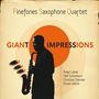 "Finefones Saxophone Quartet," "Giant Impressions." Silhouette eines Saxophonspielers vor einem orangenen Kreis., CD