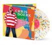 Text: "Chris Doerk. Schenk jedem Tag ein Lachen." Eine Person in rotem Streifenpulli, bunte geometrische Formen, bunte Schallplatte., LP