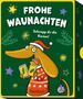 "FROHE WAUNACHTEN" und "Schnapp dir die Karten!" Ein Hund in Weihnachtskleidung hält Karten; bunte Sterne und Zweige., Spiele
