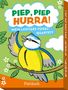 "Piep, Piep Hurra! Mein lustiges Vogelquartett." Illustration: Ein fröhlicher Vogel auf einem Ast, grüner Hintergrund., Spiele