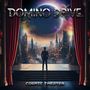 "DOMINO DRIVE", "COSMIC THEATER"; ein Mann steht auf einer Bühne vor einer futuristischen Stadt unter einem riesigen Planeten., CD