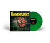 "Fahnenflucht" und "Beißreflex" in Gelb über einem grünen Gitter; ein grüner Vinyl-Schallplatte daneben., LP