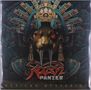 Rush Panzer, Mexican Mysteries. Ein stilisiertes Gesicht mit roten Augen und großen Zähnen, umgeben von aztekischen Motiven., LP