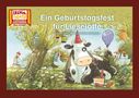"Ein Geburtstagsfest für Lieselotte" steht zentral. Illustration: Kuh mit Partyhut, Hühner und Geburtstagsdeko im Garten., Buch