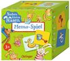 "Sieben kleine Hasen Memo-Spiel" steht auf einer bunten Spielebox mit fröhlichen Hasenillustrationen und Spielkarten.
