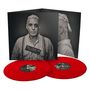 Text: "Till Lindemann Zunge 2023." Schwarz-weiß Porträt, zwei rote Schallplatten. Person trägt gestreiftes Hemd., 2 LPs