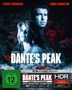 Text: "PIERCE BROSNAN", "LINDA HAMILTON", "DANTE'S PEAK", FSK 12, "HDR". Zwei Personen vor einer rauchigen Kulisse.
