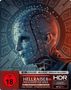 Text: "FSK ab 18", "Hellraiser: Das Schloss zur Hölle". Gesicht mit Nägeln, stechender Blick. Rotes, schwarzes Motiv., 1 Ultra HD Blu-ray und 2 Blu-ray Discs