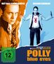 "POLLY blue eyes" in orange Text. Zwei Personen: links ein Mann, rechts eine Frau in blauer Jacke, vor orange-blauem Hintergrund.