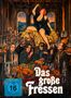 „Das große Fressen“ in weißer Schrift. Eine Frau sitzt auf einem verzierten Schwein, umgeben von Männern und einem üppigen Festmahl., 1 Ultra HD Blu-ray und 1 Blu-ray Disc