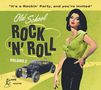 "It's a Rockin' Party, and you're invited." Alte Werbung im Retro-Stil: Frau in grüner Bluse, schwarzer Rock, Hotrod-Auto.