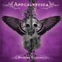 "Apocalyptica", "Worlds Collide"; Illustration: Eine Geige mit Totenkopf und Flügeln auf violettem Hintergrund., CD