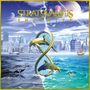 Text: "Stratovarius Infinite". Illustration: Eine futuristische Stadt links, ein Ozean rechts, verbunden durch ein Unendlichkeitssymbol mit Delfinen., 2 LPs