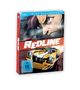 "REDLINE", FSK 16. Illustration: Wütendes Gesicht im Hintergrund, gelbes Rennauto vorne. Blu-ray Hülle.