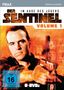 "Der Sentinel: Im Auge des Jägers, Volume 1, 6 DVDs, FSK ab 16 freigegeben." Mann mit Pistole vor orangem Hintergrund., 6 DVDs